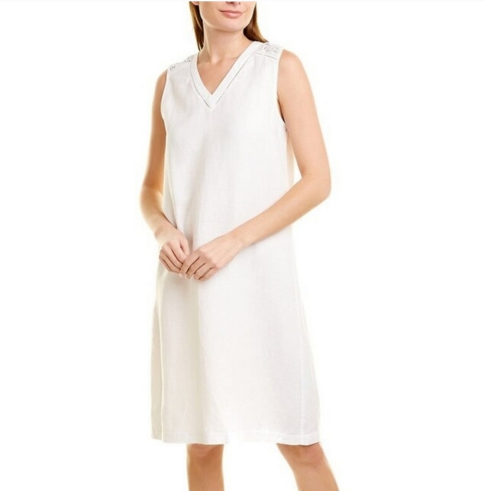 J. McLaughlin Priscilla Shift Sleeveless White V-Neck Linen Dress Size M